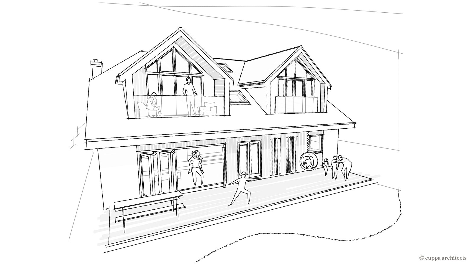 A 3D hand sketch of a house with a new dormer and a glazed rear extension